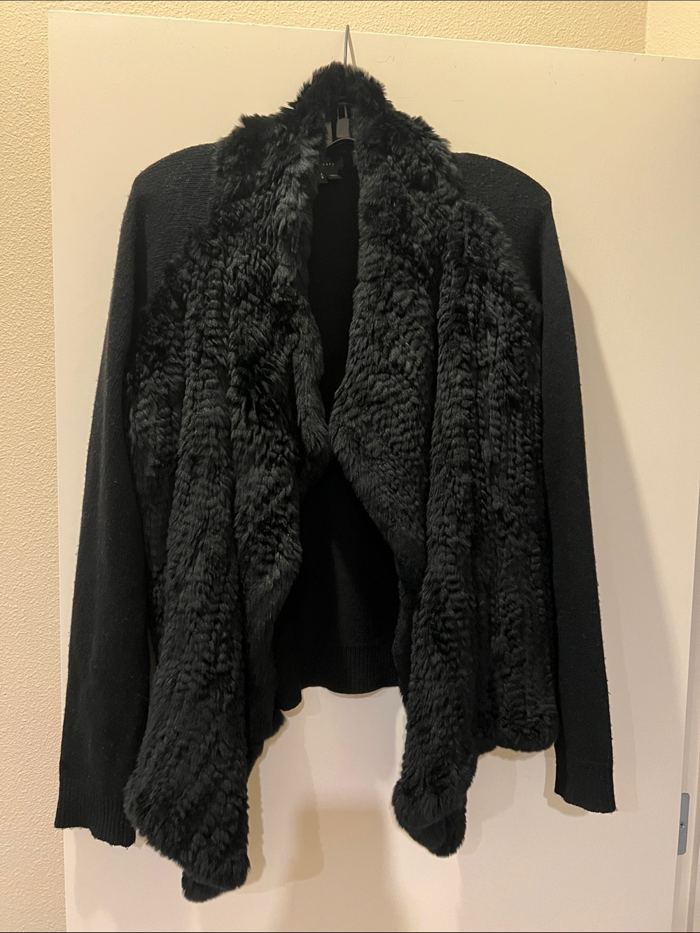Theory Black Faux Fur Trim Open Cardigan